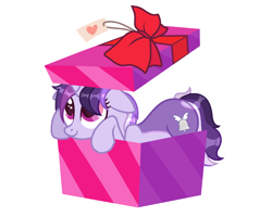 Size: 2500x2000 | Tagged: safe, artist:sarahsuresh-art, oc, oc only, oc:dreaming bell, pony, unicorn, birthday, box, cute, female, high res, horn, mare, ocbetes, pony in a box, pony present, simple background, solo, transparent background, two toned coat, unicorn oc