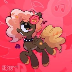 Size: 1940x1940 | Tagged: safe, artist:opossum-stuff, oc, oc only, pegasus, pony, brown coat, choker, commission, curly mane, curly tail, ear piercing, female, headphones, pegasus oc, piercing, small wings, spiked choker, tail, wings