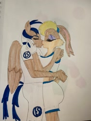 Size: 1536x2048 | Tagged: safe, artist:carlos324, oc, oc only, oc:carlos, oc:lightning burn, pegasus, rabbit, anthro, animal, duo, female, kiss on the lips, kissing, lola bunny, male, marker drawing, romantic, space jam, straight, traditional art