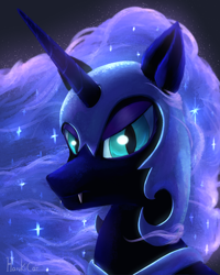 Size: 2000x2500 | Tagged: safe, artist:harukiicat, nightmare moon, alicorn, pony, g4, armor, bust, fangs, female, flowing mane, high res, looking at you, mare, solo
