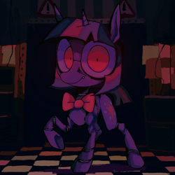 Size: 1080x1080 | Tagged: safe, artist:deviledlobster, twilight sparkle, pony, robot, robot pony, unicorn, g4, animatronic, bonnie (fnaf), bowtie, crossover, five nights at freddy's, five nights at pinkie's, looking at you, solo, twibon, unicorn twilight