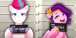 Size: 4800x2391 | Tagged: safe, artist:maren, pipp petals, zipp storm, pegasus, pony, g5, barbie, barbie (film), barbie mugshot meme, duo, duo female, female, high res, jewelry, mare, meme, mugshot, open mouth, open smile, pipp is short, royal sisters (g5), siblings, sisters, smiling, tiara, unamused, unshorn fetlocks, zipp storm is not amused