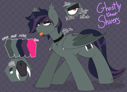 Size: 2482x1799 | Tagged: safe, artist:2k.bugbytes, oc, oc only, oc:ghostly shivers, bat pony, pony, choker, cute, cute little fangs, fangs, female, folded wings, green coat, mare, pink eyes, purple background, reference sheet, simple background, solo, tail, tongue out, two toned mane, two toned tail, wings