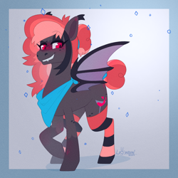 Size: 2000x2000 | Tagged: safe, artist:lionbun, oc, oc only, oc:peach velvet, bat pony, pony, blushing, clothes, cute, female, high res, mare, socks, solo, stockings, striped socks, thigh highs