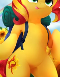 Size: 991x1269 | Tagged: safe, artist:darksly, edit, sunset shimmer, pony, unicorn, g4, :p, backpack, belly, bipedal, cropped, flower, pictures of bellies, solo, sunflower, tongue out