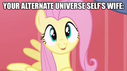 Size: 1280x720 | Tagged: safe, edit, edited screencap, screencap, fluttershy, pegasus, pony, g4, putting your hoof down, alternate universe, caption, cute, female, image macro, looking at you, mare, shyabetes, smiling, text, waifu, wife