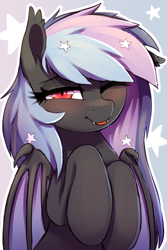 Size: 2000x3000 | Tagged: safe, artist:thebatfang, oc, oc only, oc:stellar wind, bat pony, pony, ;p, bat pony oc, bat wings, blushing, cute, cute little fangs, daaaaaaaaaaaw, fangs, female, high res, hooves to the chest, mare, ocbetes, one eye closed, red eyes, slit pupils, solo, tongue out, wings