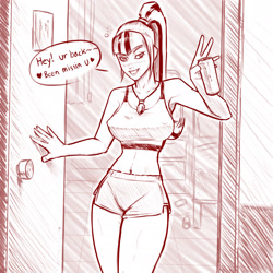 Size: 1920x1920 | Tagged: safe, artist:guyser3, sonata dusk, human, equestria girls, g4, beer can, belly button, blushing, breasts, busty sonata dusk, clothes, doorway, drunk, drunk bubbles, erect nipples, female, gem, monochrome, shorts, siren gem, sketch, smiling, solo, speech bubble, sports shorts, talking to viewer, tank top, tipsy