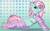 Size: 2243x1398 | Tagged: safe, artist:beardie, minty, earth pony, pony, g3, abstract background, art trade, belly fluff, cheek fluff, chest fluff, clothes, cute, ear fluff, female, looking at you, mare, mouth hold, one eye closed, socks, solo, striped socks, that pony sure does love socks