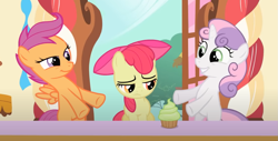 Size: 1131x575 | Tagged: safe, screencap, apple bloom, scootaloo, sweetie belle, earth pony, pegasus, pony, unicorn, g4, the cutie pox, bipedal, cropped, cupcake, cutie mark crusaders, food, horn, sad, sugarcube corner, trio