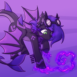Size: 2500x2500 | Tagged: safe, artist:shad0w-galaxy, oc, oc only, oc:raven stargazer, dragon, hybrid, pony, shark, body markings, clothes, commission, cute, dragon wings, fins, fish tail, goggles, high res, hooves, horns, hybrid oc, magic, raised hoof, scarf, shark tail, solo, starry eyes, tail, tooth, wingding eyes, wings, ych result