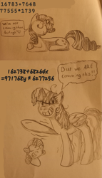 Size: 849x1482 | Tagged: safe, artist:lindasaurie, derpibooru exclusive, rarity, twilight sparkle, alicorn, pony, unicorn, g4, dialogue, duo, female, heart, lying down, mare, math, messy mane, pointing, shading, sketch, smiling, speech bubble, talking to viewer, traditional art, twilight snapple, twilight sparkle (alicorn)