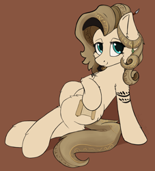 Size: 3072x3384 | Tagged: safe, artist:aquamuro, oc, oc only, oc:hyra glyph, earth pony, pony, art trade, brown background, chest fluff, cute, ear fluff, earth pony oc, female, fluffy, high res, mare, simple background, smiling, solo