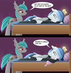 Size: 2868x2943 | Tagged: safe, artist:andaluce, oc, oc only, oc:haze northfleet, oc:malachite cluster, bat pony, pegasus, pony, bed, bedroom, chest fluff, clothes, comic, crossdressing, cute, duo, ear fluff, eyelashes, femboy, high res, hoodie, lineless, male, sleeping, socks, speech bubble