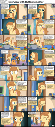 Size: 1282x2947 | Tagged: safe, artist:jan, button mash, oc, oc:cream heart, earth pony, pony, comic:celestia's servant interview, g4, butt, caption, colt, computer, cooking, cream heart is not amused, cs captions, cute, duo, earth pony oc, female, foal, food, french fries, game console, hat, hoof hold, image macro, interview, kitchen, male, mare, mother and child, mother and son, mouth hold, ocbetes, plot, propeller hat, soup, text, unamused