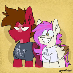 Size: 2000x2000 | Tagged: safe, artist:grandfinaleart, oc, oc only, oc:grand finale, oc:molars, pegasus, pony, brown eyes, brown hair, brown mane, brown tail, chin fluff, couple, couples shirts, digital art, double entendre, duo, duo male and female, facial hair, female, folded wings, goatee, high res, implied sex, implied straight, innuendo, male, mare, pegasus oc, pink hair, pink mane, pink tail, red fur, simple background, size difference, smiling, smiling at you, stallion, stallion oc, tail, toothy grin, unshorn fetlocks, wings, yellow eyes