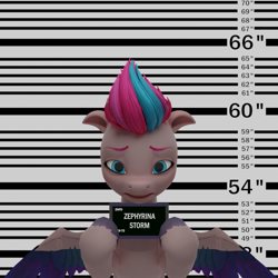 Size: 1080x1080 | Tagged: safe, artist:raindashesp, zipp storm, pegasus, pony, g5, 3d, barbie, barbie (film), barbie mugshot meme, female, mare, meme, mugshot, solo