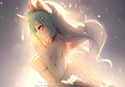 Size: 4096x2830 | Tagged: safe, artist:magnaluna, princess celestia, alicorn, anthro, g4, breasts, clothes, equine, evening gloves, female, gloves, horn, horn ring, jewelry, long gloves, praise the sun, regalia, ring, sideboob, solo