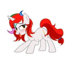 Size: 3705x3085 | Tagged: safe, artist:equestria secret guard, oc, oc only, oc:shallow light, pony, unicorn, bedroom eyes, blushing, female, high res, horn, looking back, mare, red hair, simple background, tongue out, transparent background, unicorn oc