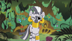 Size: 1920x1080 | Tagged: safe, artist:tiarawhy, zecora, zebra, g4, cute, everfree forest, female, forest, one eye closed, pony waifu sim, solo, wink, zecora's hut, zecorable