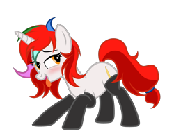 Size: 3472x2719 | Tagged: safe, artist:equestria secret guard, oc, oc only, oc:shallow light, pony, unicorn, bedroom eyes, blushing, clothes, female, high res, horn, looking back, mare, red hair, simple background, socks, tongue out, transparent background, unicorn oc