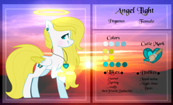 Size: 3439x2087 | Tagged: safe, artist:angellightyt, oc, oc only, oc:angel light, pegasus, pony, base used, colored wings, female, halo, high res, mare, pegasus oc, raised hoof, reference sheet, smiling, solo, story included, two toned wings, wings