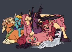 Size: 1200x860 | Tagged: safe, artist:p0rk-guts, applejack, fluttershy, pinkie pie, rainbow dash, rarity, twilight sparkle, alicorn, bat pony, bat pony alicorn, earth pony, pegasus, pony, unicorn, g4, alternate design, alternate versions at source, bandana, bat ponified, bat wings, blush lines, blushing, cowboy hat, ear piercing, ear tufts, earring, fangs, female, flutterbat, gray background, group, hat, heterochromia, horn, horn jewelry, jewelry, lesbian, looking at each other, looking at someone, mane six, necklace, omniship, piercing, polyamory, polygamy, ponytail, race swap, redesign, ring, sextet, shipping, simple background, tail, tail ring, wings