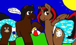 Size: 854x512 | Tagged: safe, artist:cavewolfphil, oc, oc only, oc:rocky roads, alicorn, earth pony, pony, beach ball, diaper, diaper fetish, duo, fetish, male, non-baby in diaper, simple background, speech bubble, stallion, sun, swim diaper