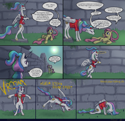 Size: 3381x3284 | Tagged: safe, artist:ciborgen, fluttershy, princess celestia, alicorn, pegasus, pony, comic:fluttershy and her problem with death, g4, alternate hairstyle, bipedal, bipedal leaning, clothes, comic, descriptive noise, dialogue, duo, duo female, female, glowing, glowing horn, hawaiian shirt, high res, horn, leaning, mare, ponytail, reference, rick and morty, shirt, speech bubble, sundial, watch, wristwatch