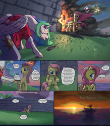Size: 3381x3886 | Tagged: safe, artist:ciborgen, fluttershy, princess celestia, alicorn, pegasus, pony, snake, comic:fluttershy and her problem with death, g4, alternate hairstyle, arrow, axe, battle axe, comic, cool guys don't look at explosions, dialogue, drugs, duo, duo female, female, fire, high res, immortal, island, mare, ponytail, speech bubble, stranded, sunset, syringe, weapon