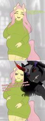 Size: 700x1867 | Tagged: safe, artist:evehly, fluttershy, king sombra, pegasus, unicorn, anthro, g4, ..., 2 panel comic, angry, breasts, busty fluttershy, clothes, comic, cute, duo, eyes closed, fangs, female, fluttermom, fluttershy is not amused, gritted teeth, husband and wife, looking at you, male, open mouth, overprotective, pointing, preggoshy, pregnant, ship:sombrashy, shipping, shyabetes, straight, sweater, sweatershy, talking to viewer, teeth, threatening, unamused