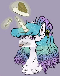 Size: 1500x1900 | Tagged: safe, artist:cluterdrop, princess celestia, alicorn, pony, g4, alternate hairstyle, bust, cake, cakelestia, female, food, fork, glowing, glowing horn, horn, magic, mare, portrait, simple background, solo, sternocleidomastoid, telekinesis, that pony sure does love cakes, tongue out