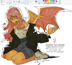 Size: 1268x1130 | Tagged: safe, artist:kirbscuit, fluttershy, human, g4, bandage, bat wings, born to die, clothes, elf ears, fangs, female, flutterbat, humanized, jacket, leather, leather jacket, meme, ms paint, shorts, simple background, solo, tank top, teary eyes, white background, winged humanization, wings