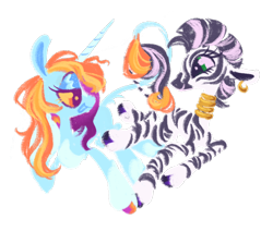 Size: 1280x1084 | Tagged: safe, artist:webkinzworldz, sassy saddles, zecora, pony, unicorn, zebra, g4, blaze (coat marking), closed mouth, coat markings, colored hooves, colored sclera, crack shipping, duo, ear piercing, earring, eyeshadow, facial markings, female, green eyes, hoof polish, jewelry, leonine tail, lesbian, lidded eyes, looking at each other, looking at someone, makeup, neck rings, necklace, open mouth, orange eyes, piercing, sassycora, shipping, simple background, smiling, socks (coat markings), tail, transparent background