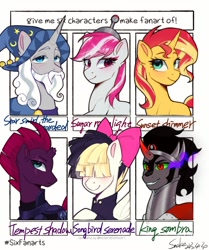 Size: 1674x2000 | Tagged: safe, artist:xiaowu07, king sombra, songbird serenade, star swirl the bearded, sugar moonlight, sunset shimmer, tempest shadow, earth pony, pegasus, pony, unicorn, g4, g5, my little pony: a new generation, my little pony: the movie, cute, female, looking at you, male, mare, six fanarts, stallion