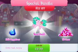 Size: 1270x858 | Tagged: safe, gameloft, seashell (g1), earth pony, pony, g1, g4, my little pony: magic princess, bow, bundle, costs real money, english, female, gem, mare, mobile game, numbers, sale, solo, tail, tail bow, text