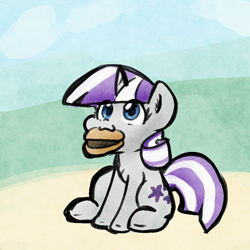 Size: 900x900 | Tagged: safe, artist:zutcha, twilight velvet, pony, unicorn, g4, :3, burger, cute, female, food, like mother like daughter, like parent like child, looking up, mare, meat, mouth hold, ponies eating meat, sitting, solo, velvetbetes