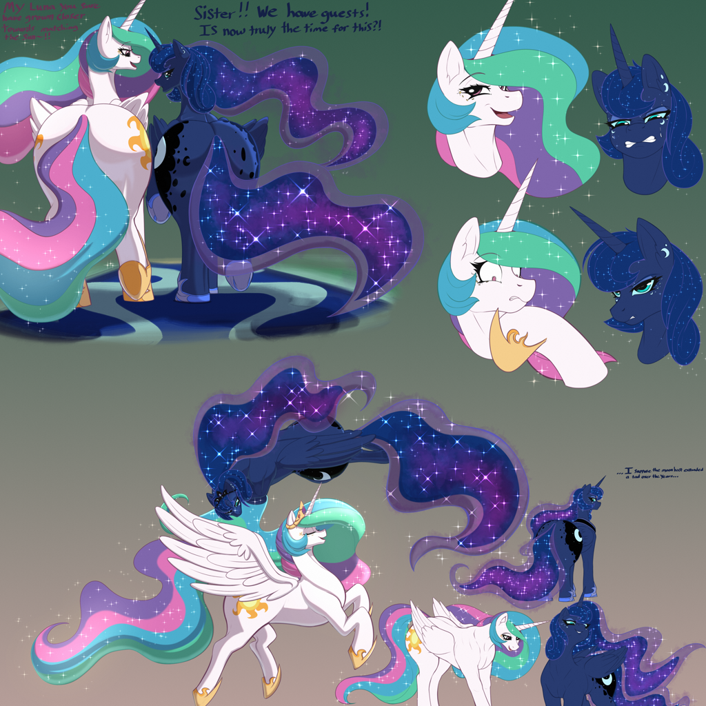 [alicorn,alternate universe,butt,digital art,duo,expressions,female,mare,plot,pony,princess celestia,princess luna,safe,siblings,sisters,stars,tail,wings,plot pair,rear view,moonbutt,sunbutt,duo female,ethereal mane,absurd file size,royal sisters,starry mane,smiling,spread wings,quadrupedal,large butt,absurd resolution,ethereal tail,artist:aerospine]