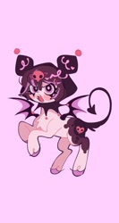 Size: 1080x2032 | Tagged: safe, artist:bunbunbewwii, pony, bat wings, devil tail, fangs, female, hairclip, kuromi, pink background, ponified, sanrio, simple background, skull, solo, tail, unshorn fetlocks, wings