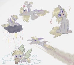 Size: 1024x892 | Tagged: safe, artist:petaltwinkle, derpy hooves, insect, moth, mothpony, original species, pegasus, pony, g4, chocolate, chocolate rain, cloud, cute, derpabetes, female, food, gray background, head tilt, holding a pony, hoof hold, lightning, mare, mouth hold, muffin, multeity, on a cloud, petaltwinkle is trying to murder us, question mark, rain, raincloud, simple background, sitting, sitting on a cloud, solo, species swap