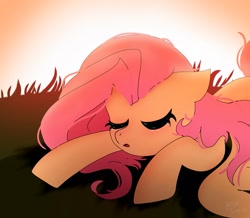 Size: 1511x1316 | Tagged: safe, artist:petaltwinkle, fluttershy, pegasus, pony, g4, cute, eyes closed, female, mare, shyabetes, sleeping, solo, sunset