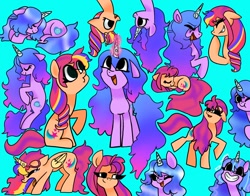 Size: 1368x1074 | Tagged: safe, alternate version, artist:petaltwinkle, izzy moonbow, sunny starscout, alicorn, earth pony, pony, unicorn, g5, blue background, duo, eye clipping through hair, eyes closed, floppy ears, grin, lying down, mane stripe sunny, open mouth, open smile, prone, race swap, simple background, smiling, sunnycorn, tongue out
