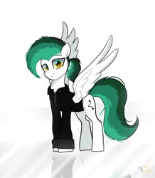 Size: 1316x1511 | Tagged: safe, artist:petaltwinkle, oc, oc only, pegasus, pony, clothes, looking at you, reflection, shirt, simple background, smiling, smiling at you, solo, spread wings, white background, wings
