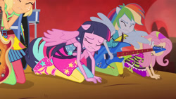Size: 3072x1727 | Tagged: safe, screencap, applejack, fluttershy, rainbow dash, twilight sparkle, human, equestria girls, g4, my little pony equestria girls: rainbow rocks, bass guitar, electric guitar, eyes closed, female, frown, guitar, hairpin, musical instrument, ponied up, rainbow rocks outfit, spread wings, wings