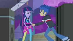 Size: 3072x1727 | Tagged: safe, screencap, flash sentry, twilight sparkle, human, equestria girls, g4, my little pony equestria girls: rainbow rocks, clothes, duo, duo male and female, female, jacket, male, night, open mouth, open smile, rainbow rocks outfit, smiling