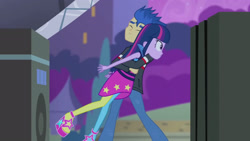 Size: 3072x1727 | Tagged: safe, screencap, flash sentry, twilight sparkle, human, equestria girls, g4, my little pony equestria girls: rainbow rocks, clothes, duo, duo male and female, eyes closed, female, frown, high heels, hug, jacket, male, night, rainbow rocks outfit, shoes, smiling