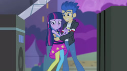 Size: 3072x1727 | Tagged: safe, screencap, flash sentry, twilight sparkle, human, equestria girls, g4, my little pony equestria girls: rainbow rocks, blushing, clothes, duo, duo male and female, female, grin, hug, jacket, male, night, rainbow rocks outfit, smiling