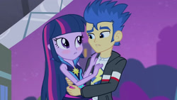 Size: 3072x1727 | Tagged: safe, screencap, flash sentry, twilight sparkle, human, equestria girls, g4, my little pony equestria girls: rainbow rocks, blushing, clothes, duo, duo male and female, female, hug, jacket, looking at each other, looking at someone, male, night, rainbow rocks outfit