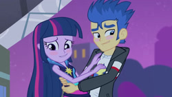 Size: 3072x1727 | Tagged: safe, screencap, flash sentry, twilight sparkle, human, equestria girls, g4, my little pony equestria girls: rainbow rocks, blushing, clothes, duo, duo male and female, female, hug, jacket, male, night, rainbow rocks outfit, smiling