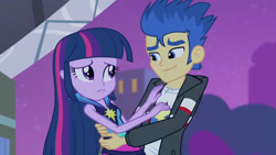 Size: 3072x1727 | Tagged: safe, screencap, flash sentry, twilight sparkle, human, equestria girls, g4, my little pony equestria girls: rainbow rocks, blushing, clothes, duo, duo male and female, female, frown, hug, jacket, looking at each other, looking at someone, male, night, rainbow rocks outfit, smiling